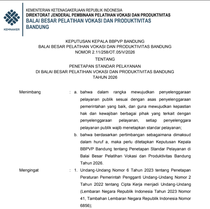 Standar Pelayanan BBPVP Bandung Tahun 2026