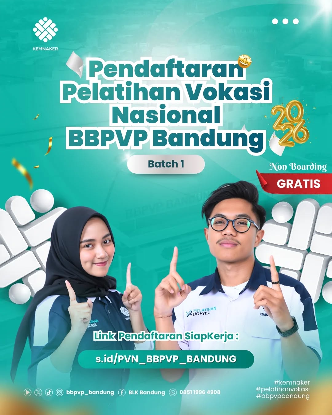 Pendaftaran Pelatihan Vokasi Nasional BBPVP Bandung Batch 1 Tahun 2026 Resmi Dibuka